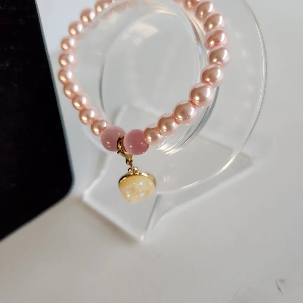 Hand Crafted Necklace & Bracelet Pink Pearl Crystals Cats Eye with Pendant
